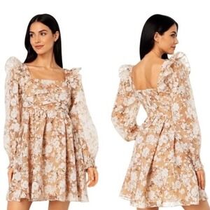 En Saison Floral Organza Mini Dress Tan Cream Ruffle Shoulder Babydoll Womens M